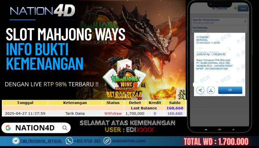 NATION4D – SLOT MAHJONG WINS 3 Rp.1,700,000,- LUNAS!!