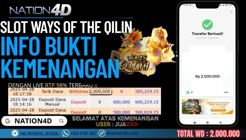 NATION4D – SLOT WAYS OF THE CILIN Rp.2,000,000,- LUNAS!!