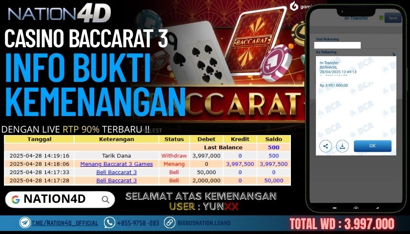 NATION4D – CASINO BACCARAT 3 Rp.3,997,000,- LUNAS!!