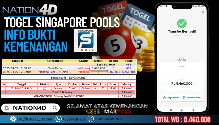 NATION4D – TOGEL SINGAPORE POOLS Rp.5,460,000,- LUNAS!!