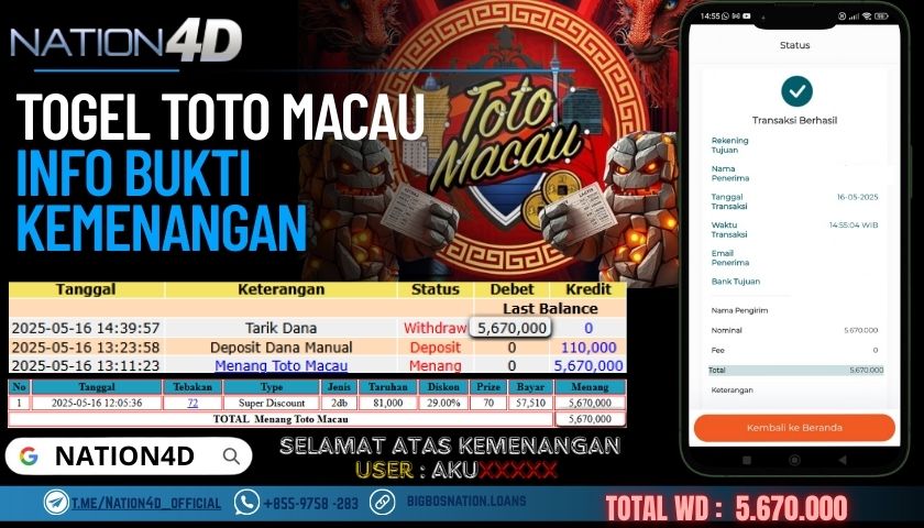 NATION4D –TOGEL TOTO MACAU RP.5,670,000 LUNAS!!