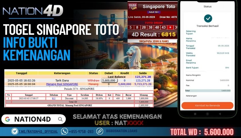 NATION4D – TOGEL SINGAPORE TOTO Rp.5,600,000,- LUNAS!!