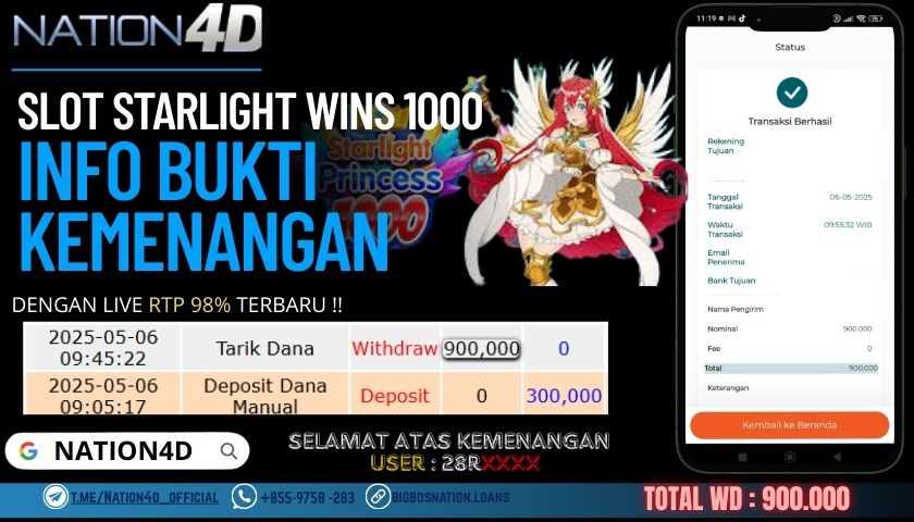 NATION4D – SLOT STARLIGHT WINS 1000 Rp.900,000,- LUNAS!!