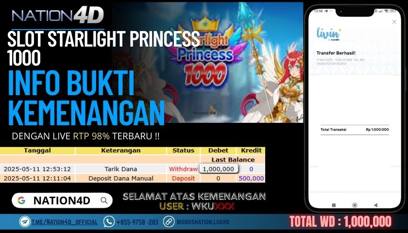 NATION4D -SLOT STARLIGHT PRINCESS 1000 Rp.1,000,000,- LUNAS!!