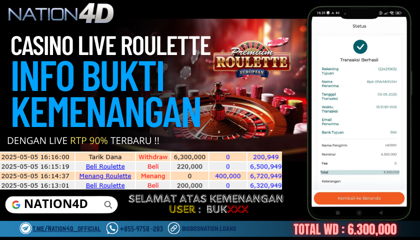 NATION4D – CASINO LIVE ROULETTE Rp.6,300,000,- LUNAS!!