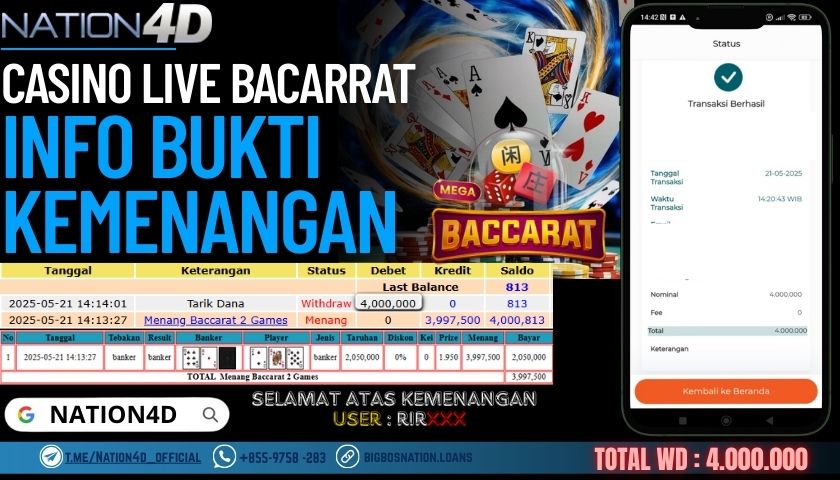 NATION4D –LIVE CASINO BACARRAT Rp.4,000,000,- LUNAS!!