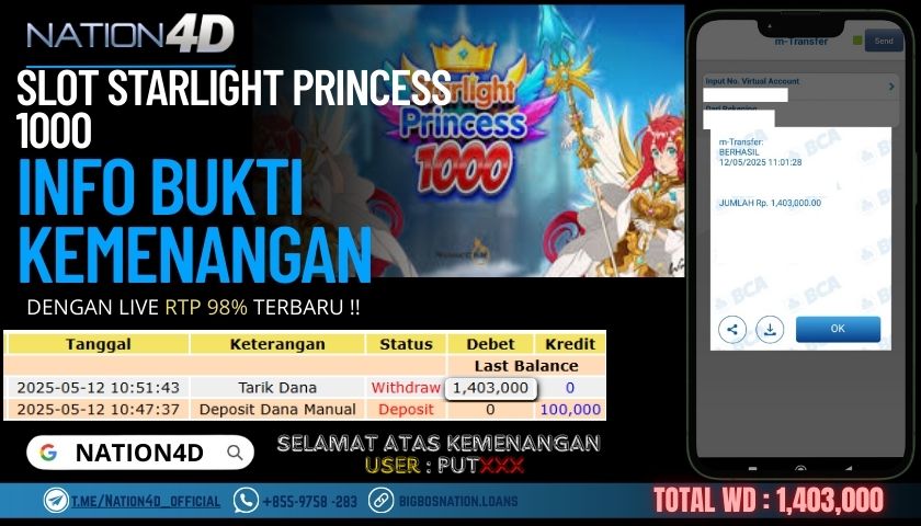 NATION4D SLOT STARLIGHT PRINCESS 1000 Rp.1,403,000,- LUNAS!!