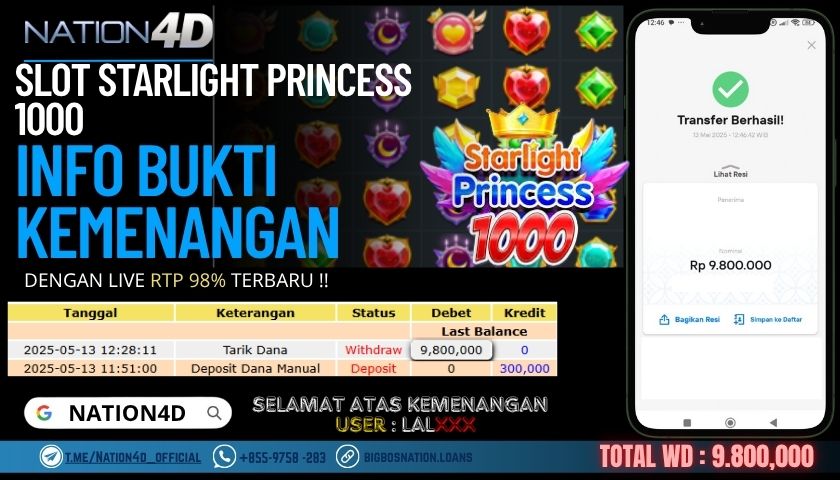 NATION4D –SLOT STARLIGHT PRINCESS 1000 Rp.9,800,000,- LUNAS!!