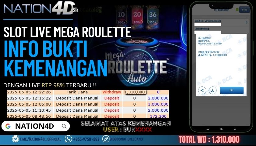 NATION4D – SLOT LIVE MEGA ROULETTE Rp.1,310,000,- LUNAS!!