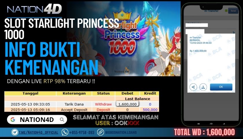 NATION4D –SLOT STARLIGHT PRINCESS 1000 Rp.1,600,000,- LUNAS!!