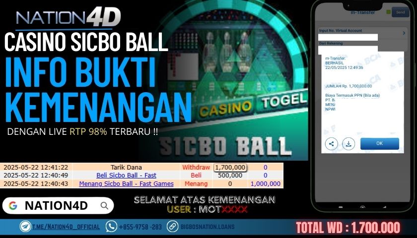 NATION4D –CASINO SICBO BALL RP.1,700,000 LUNAS!!