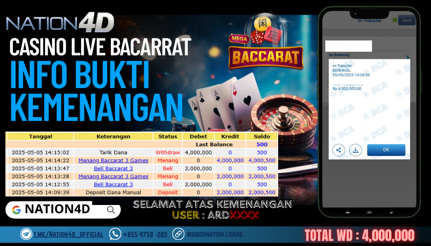 NATION4D – CASINO LIVE BACCARAT Rp.4,000,000,- LUNAS!!
