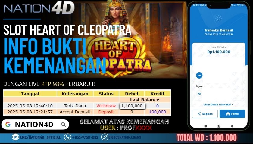 NATION4D –SLOT HEART OF CLEOPATRA Rp.1,100,000,- LUNAS!!