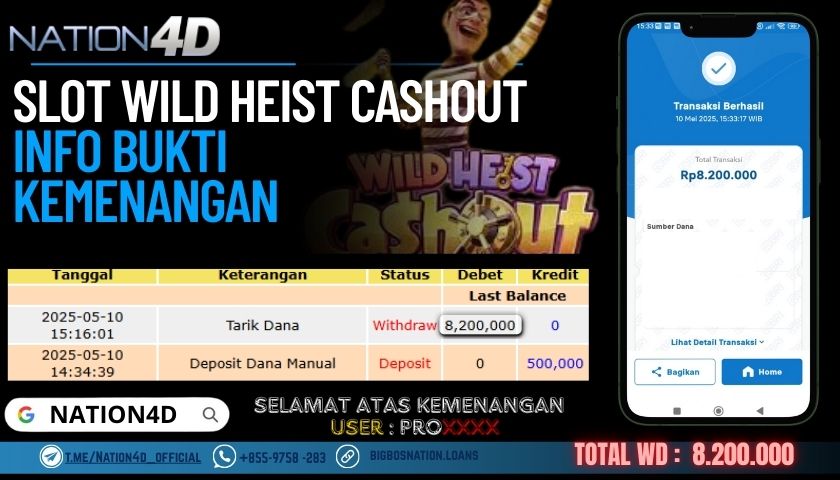 NATION4D – SLOT WILD HEIST CASHOUT Rp.8,200,000,- LUNAS!!