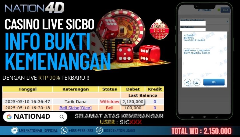 NATION4D – CASINO LIVE SICBO Rp.2,150,000,- LUNAS!!