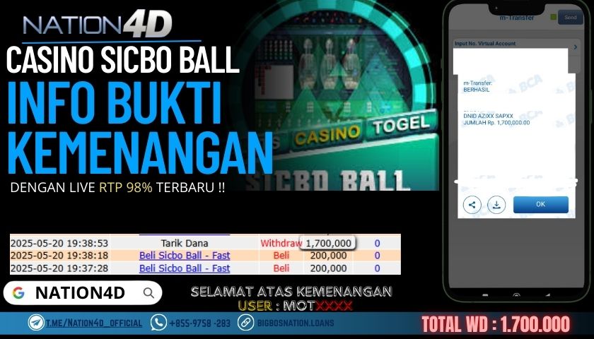 NATION4D –CASINO SICBO BALL RP.1,700,000 LUNAS!!