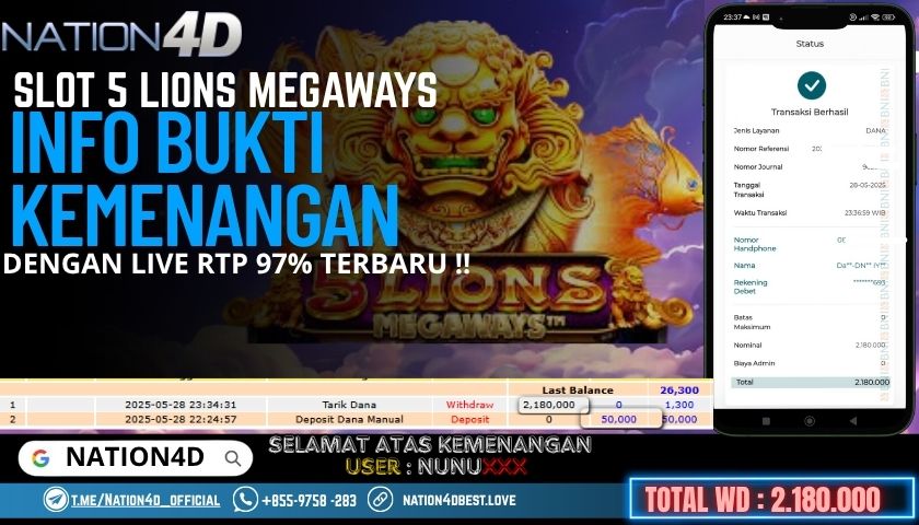 NATION4D -SLOT 5 LIONS MEGAWAYS RP.2,180,000 LUNAS!!