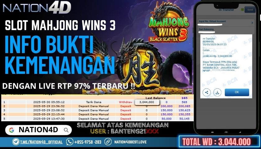 NATION4D -SLOT MAHJONG WINS 3 RP.3,044,000 LUNAS!!