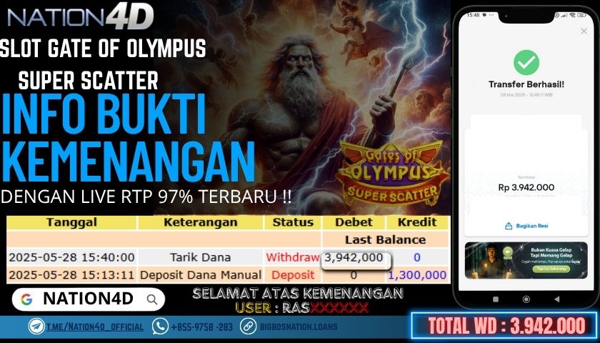 NATION4D -SLOT GATE OF OLYMPUS SUPER SCATTER RP.3,942,000 LUNAS!!
