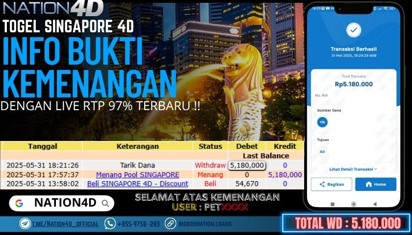 NATION4D -TOGEL SINGAPORE 4D RP.5,180,000 LUNAS!!