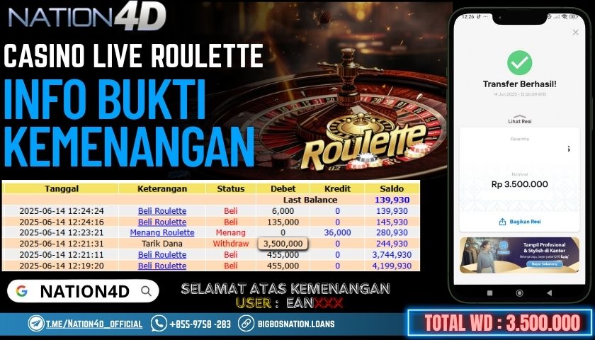 NATION4D -CASINO LIVE ROULETTE                  RP.3,500,000 LUNAS!!