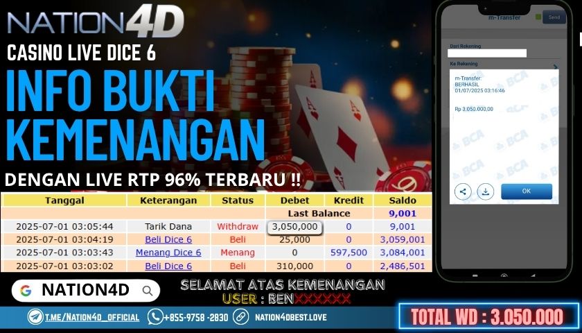 NATION4D -CASINO LIVE DICE 6 RP.3,050,000 LUNAS!!