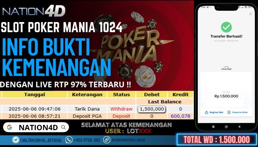 NATION4D -SLOT POKER MANIA 1024 RP.1,500,000 LUNAS!!