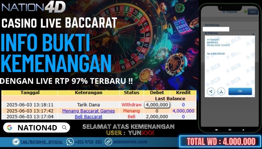 NATION4D -CASINO LIVE BACCARAT RP.4,000,000 LUNAS!!