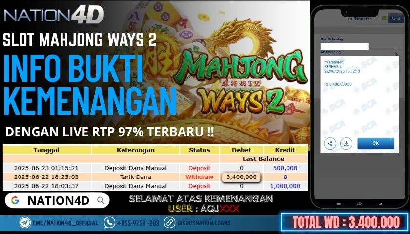 NATION4D -SLOT MAHJONG WAYS 2 RP.3,400,000 LUNAS!!