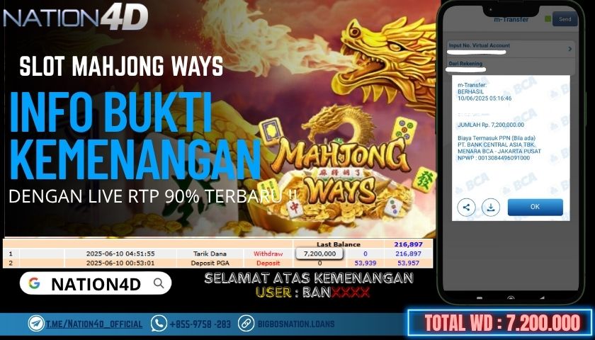 NATION4D -SLOT MAHJONG WAYS RP.7,200,000 LUNAS!!