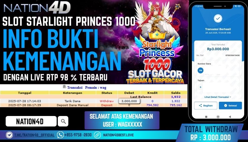 NATION4D – SLOT STARLIGHT PRINCESS 1000  RP.3,000,000 LUNAS!!