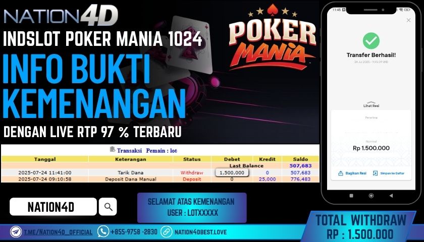 NATION4D – INDSLOT POKER MANIA 1024 RP.1,500,000 LUNAS!!
