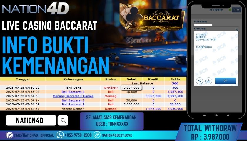 NATION4D -LIVE CASINO BACCARAT RP.3,987,000 LUNAS!!