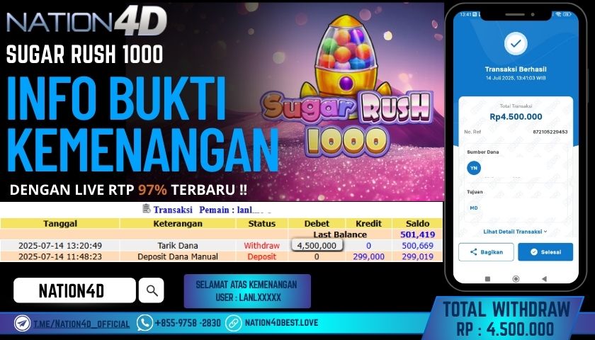 NATION4D – SLOT SUGAR RUSH 1000 RP.4,500,000 LUNAS!!