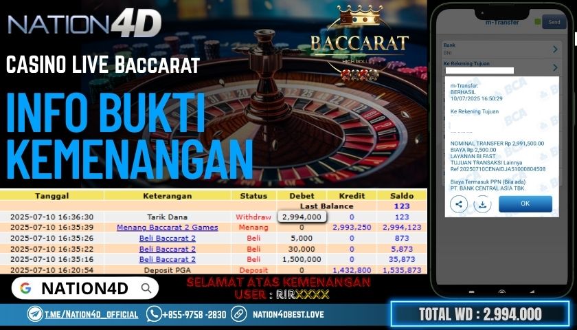 NATION4D -CASINO LIVE BACCARAT RP.2,994,000 LUNAS!!