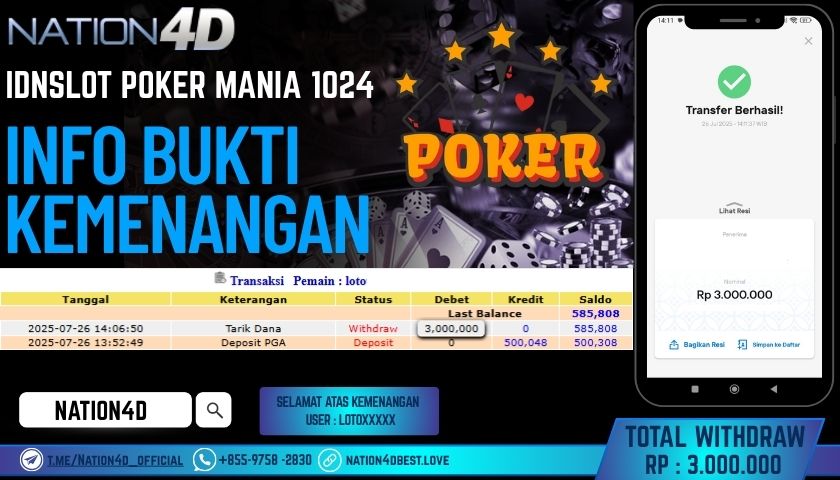 NATION4D – INDSLOT POKER MANIA 1024 RP.3.000.000 LUNAS!!