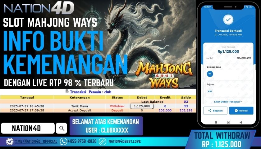 NATION4D – SLOT MAHJONG WAYS RP.1,125,000 LUNAS!!
