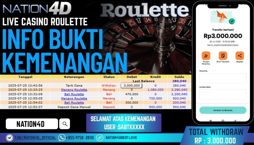 NATION4D – LIVE CASINO ROULETTE RP.3,000,000 LUNAS!!