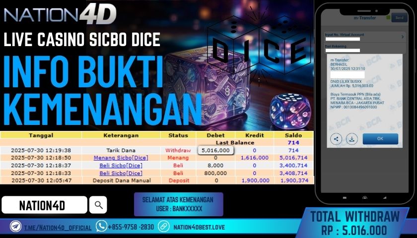 NATION4D – LIVE CASINO SICBO DICE RP.5,016,000 LUNAS!!