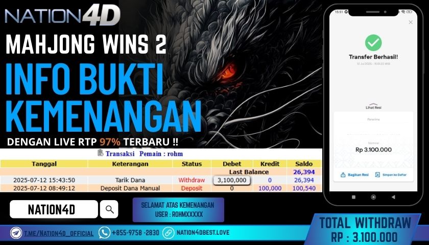 NATION4D – SLOT MAHJONG WINS 2 RP.3,100,000 LUNAS!!