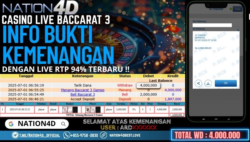 NATION4D -CASINO LIVE BACCARAT 3 RP.4,000,000 LUNAS!!