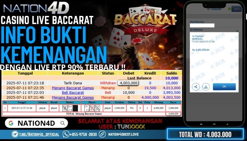 NATION4D – CASINO LIVE BACCARAT RP.4,003,000 LUNAS!!