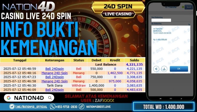 NATION4D – CASINO LIVE 24D SPIN RP.1,400,000 LUNAS!!