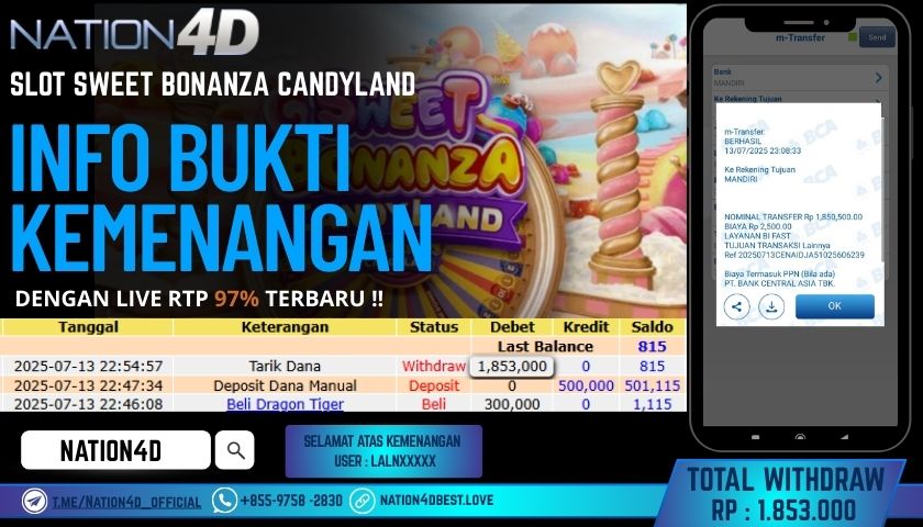 NATION4D – SLOT SWEET BONANZA CANDYLAND RP.1,853,000 LUNAS!!