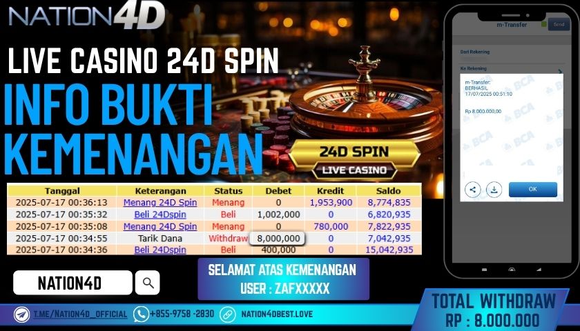 NATION4D – LIVE CASINO 24D SPIN RP.8,000,000 LUNAS!!