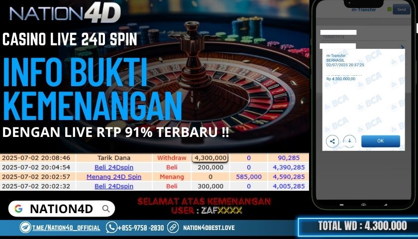 NATION4D -CASINO LIVE 24D SPIN RP.4,300,000 LUNAS!!