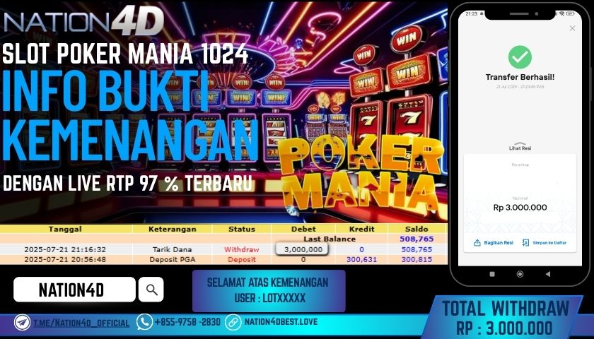 NATION4D -SLOT POKER MANIA 1024 RP.3,000,000 LUNAS!!