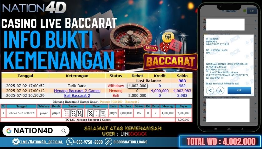 NATION4D -CASINO LIVE BACCARAT RP.4,002,000 LUNAS!!