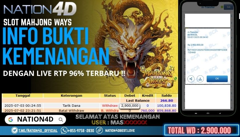 NATION4D -SLOT MAHJONG WAYS RP.2,900,000 LUNAS!!