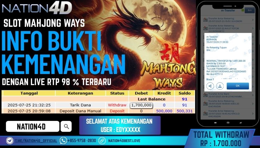 NATION4D – SLOT MAHJONG WAYS RP.1,700,000 LUNAS!!